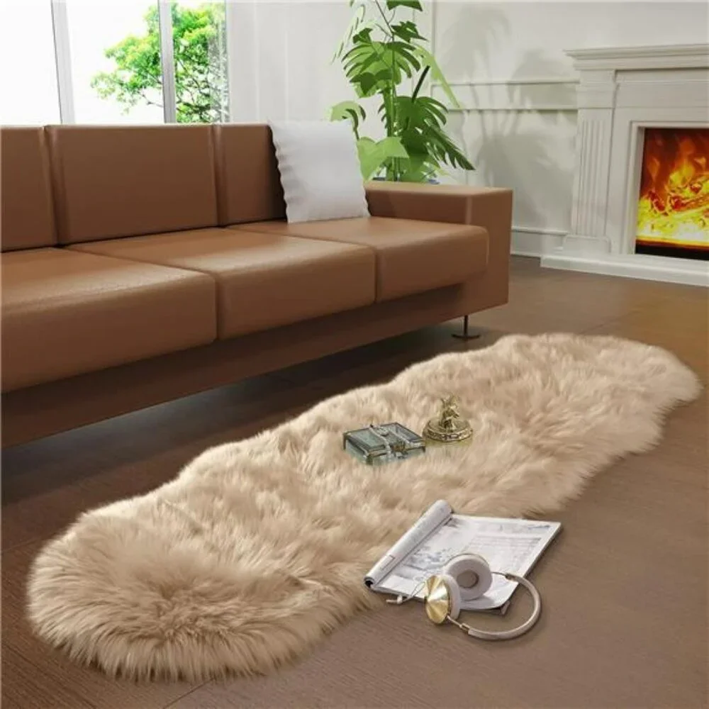Faux Fur Runner Rug 2x6ft Beige Fluffy Shag Carpet for Bedroom Couch Nursery